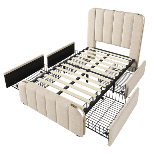 Cama de solteiro de linho 90x200cm com 4 gavetas,bege Cama de solteiro de linho 90x200cm com 4 gavetas,bege