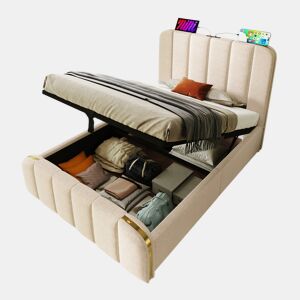 Cama de solteiro de linho 90x200cm com armazenamento,bege