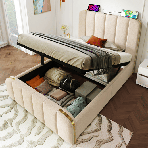 Cama de solteiro de linho 90x200cm com armazenamento,bege