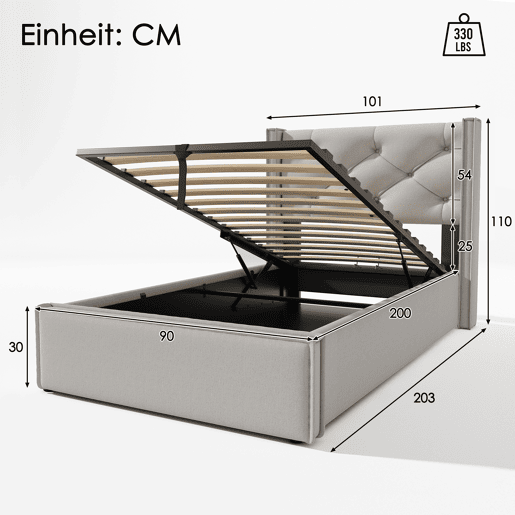Cama de solteiro de algodão 90x200cm com armazenamento,cinza claro