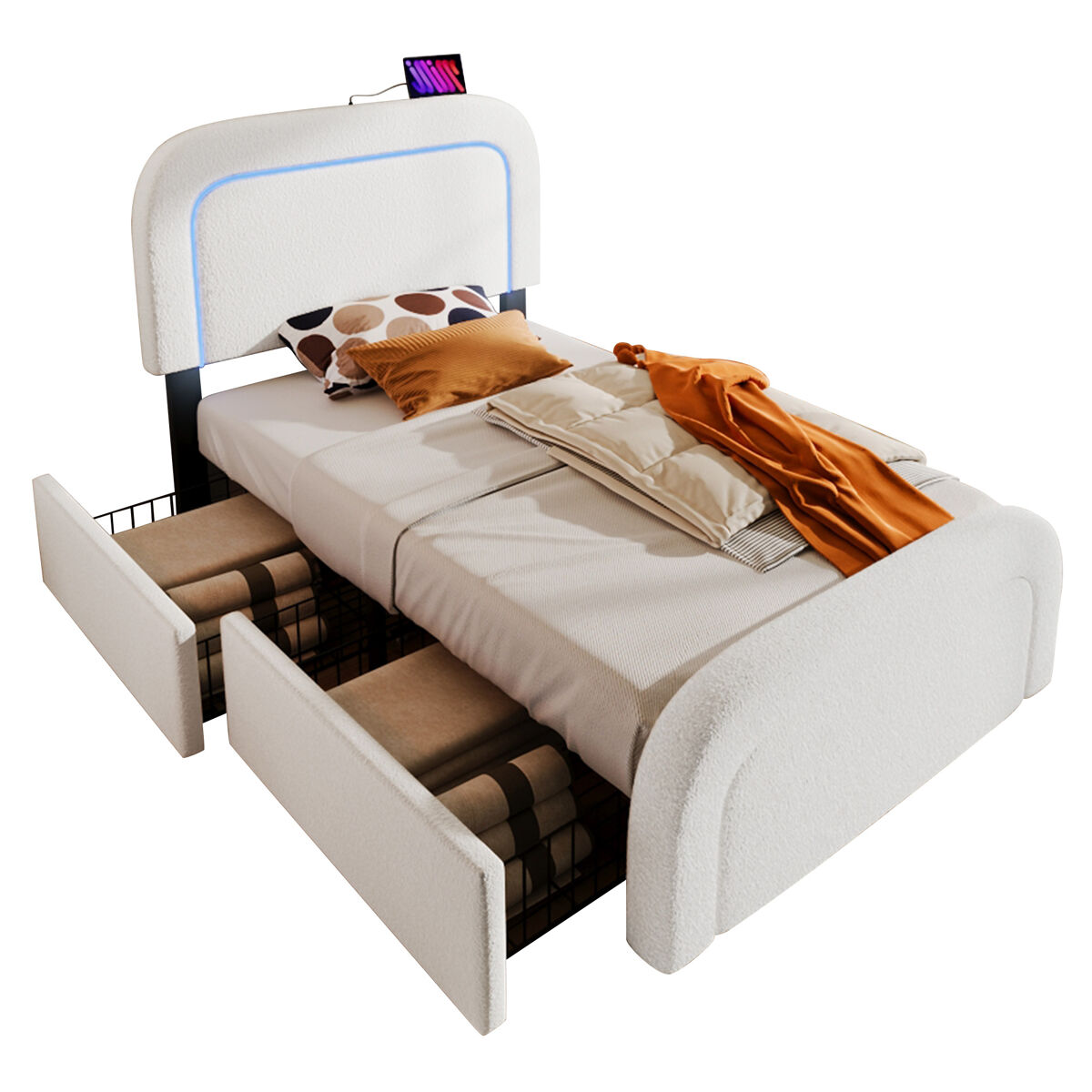 Cama individual de piel sintética 90x200cm con 2 cajones y luz led,blanco