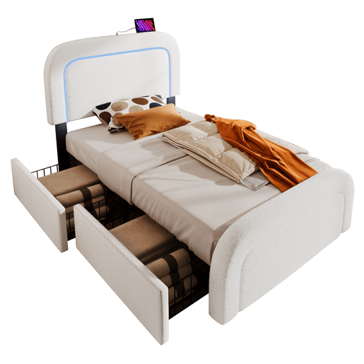 Cama de solteiro de pele sintética 90x200cm com 2 gavetas e luz led,branco