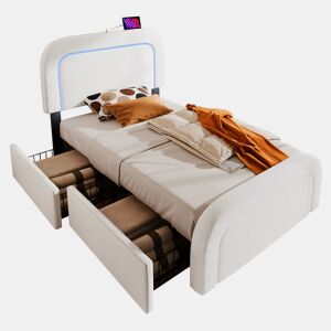 Cama de solteiro de pele sintética 90x200cm com 2 gavetas e luz led,branco
