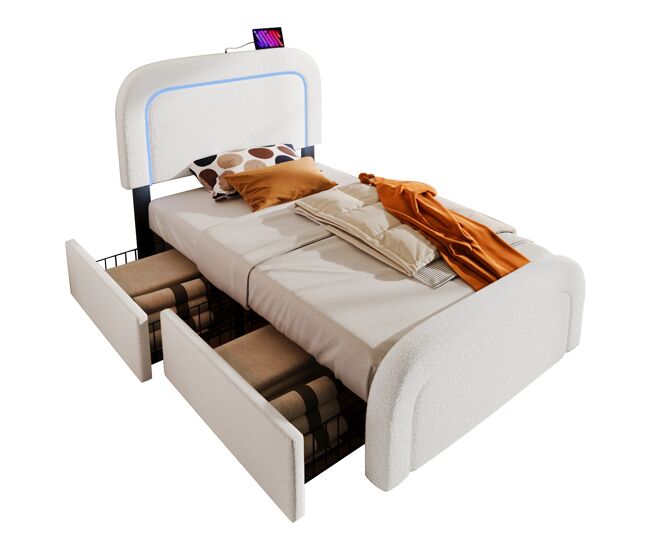 Cama individual de piel sintética 90x200cm con 2 cajones y luz led,blanco