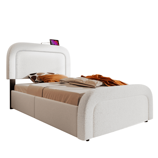 Cama de solteiro de pele sintética 90x200cm com 2 gavetas e luz led,branco