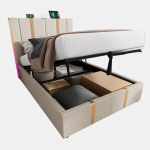 Cama de solteiro de linho 90x200cm com armazenamento,luz led,bege