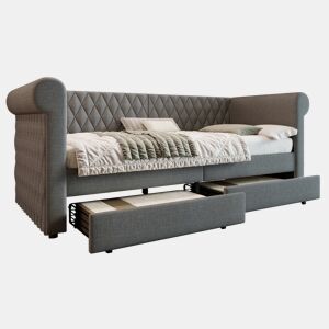 Cama de solteiro de linho 90x200cm com 2 gavetas,cinzento