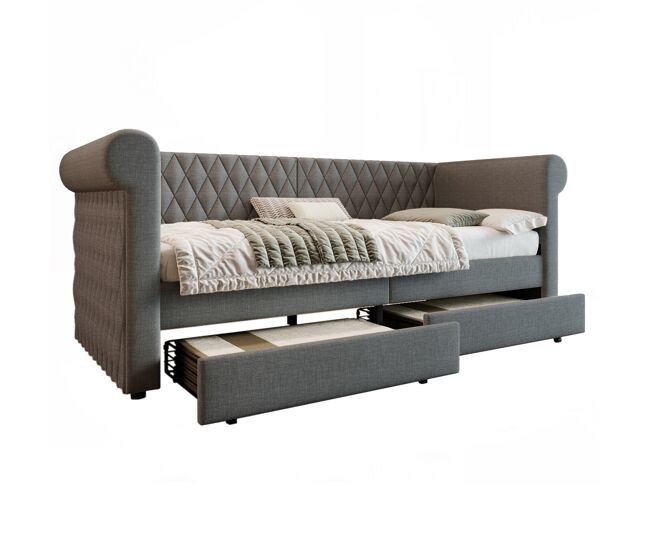 Cama individual de lino 90x200cm con 2 cajones,gris