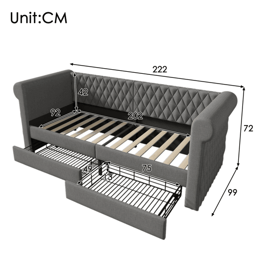 Cama de solteiro de linho 90x200cm com 2 gavetas,cinzento