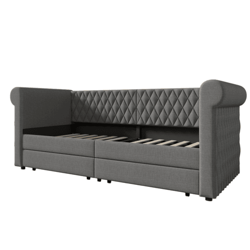 Cama de solteiro de linho 90x200cm com 2 gavetas,cinzento