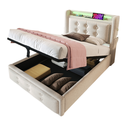 Cama de solteiro de algodão e linho 90x200cm com armazenamento,luz led,bege Cama de solteiro de algodão e linho 90x200cm com armazenamento,luz led,bege