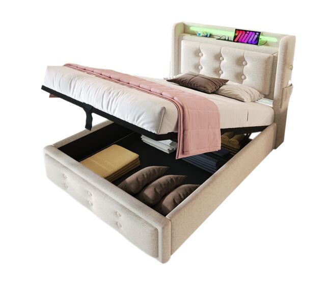 Cama individual de algodón y lino con almacenaje 91x222