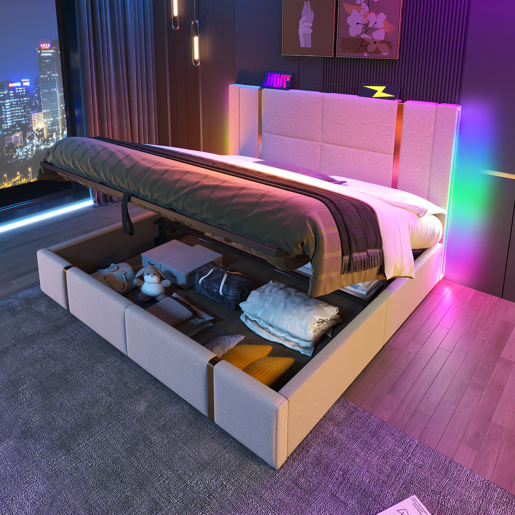 Cama de casal de linho 160x200cm com armazenamento,luz led,bege