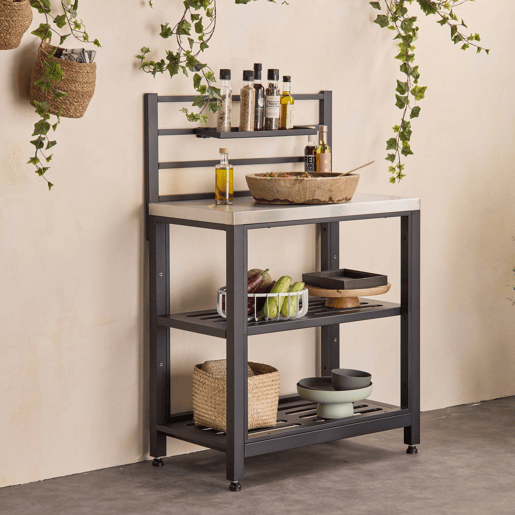 Cozinha exterior em aço 2 prateleiras, 80cm, Grimaud, Preto, 48x80x124 cm