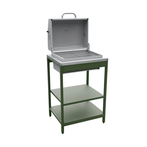Barbecue a carvão aço inoxidável grade cromada com duas prateleiras, Naxos, Verde, 60x58.5x138 cm