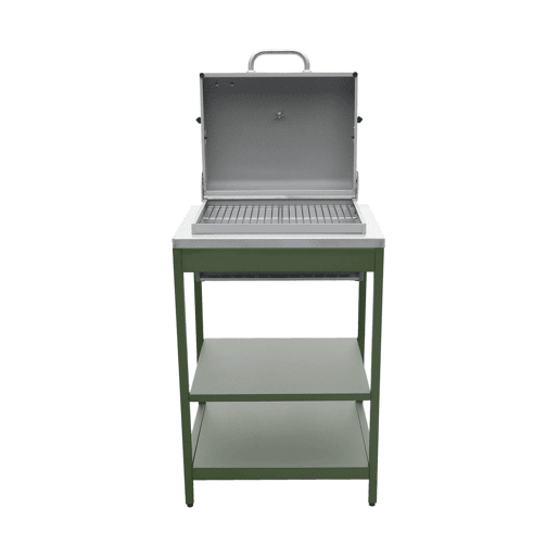 Barbecue a carvão aço inoxidável grade cromada com duas prateleiras, Naxos, Verde, 60x58.5x138 cm