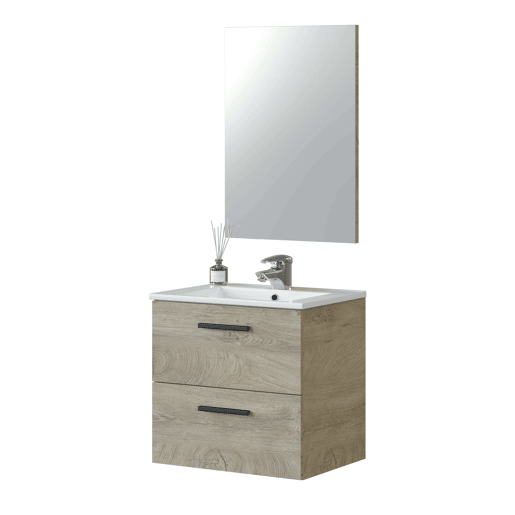 Armário de casa de banho Aruba estilo natural em carvalho do Alasca com 2 gavetas + espelho 57x60x45 cm (lavatório opcional)