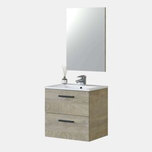 Armário de casa de banho Aruba estilo natural em carvalho do Alasca com 2 gavetas + espelho 57x60x45 cm (lavatório opcional)