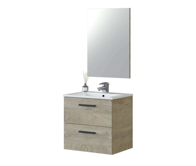 Mueble de baño aruba estilo natural en color roble alaska con 2 cajones + espejo 57x60x45 cm (lavabo opcional)