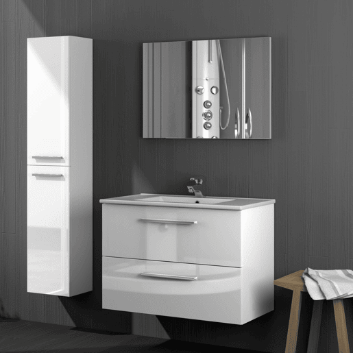 Armário de banheiro de parede estilo contemporâneo Aruba em branco com 2 gavetas e espelho 80x45x57 cm (sem pia)