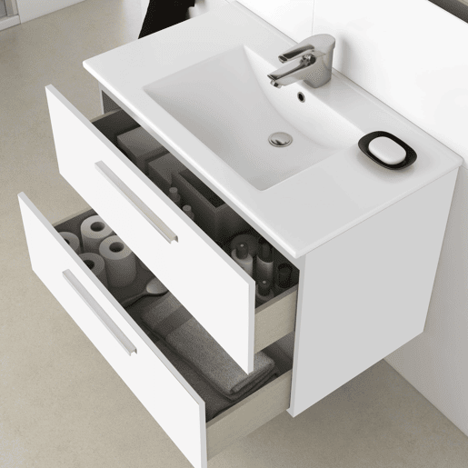 Armário de banheiro de parede estilo contemporâneo Aruba em branco com 2 gavetas e espelho 80x45x57 cm (sem pia)
