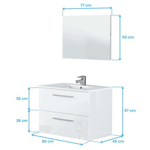 Armário de banheiro de parede estilo contemporâneo Aruba em branco com 2 gavetas e espelho 80x45x57 cm (sem pia)