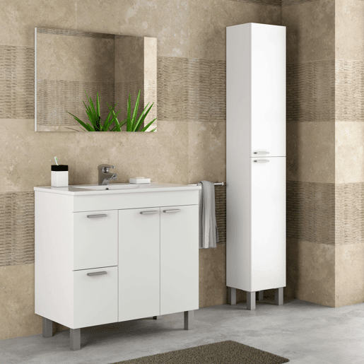 Móveis de banheiro Sabela estilo contemporâneo em branco brilhante com 2 gavetas e 2 portas 80x80x45 cm (pia de cerâmica)