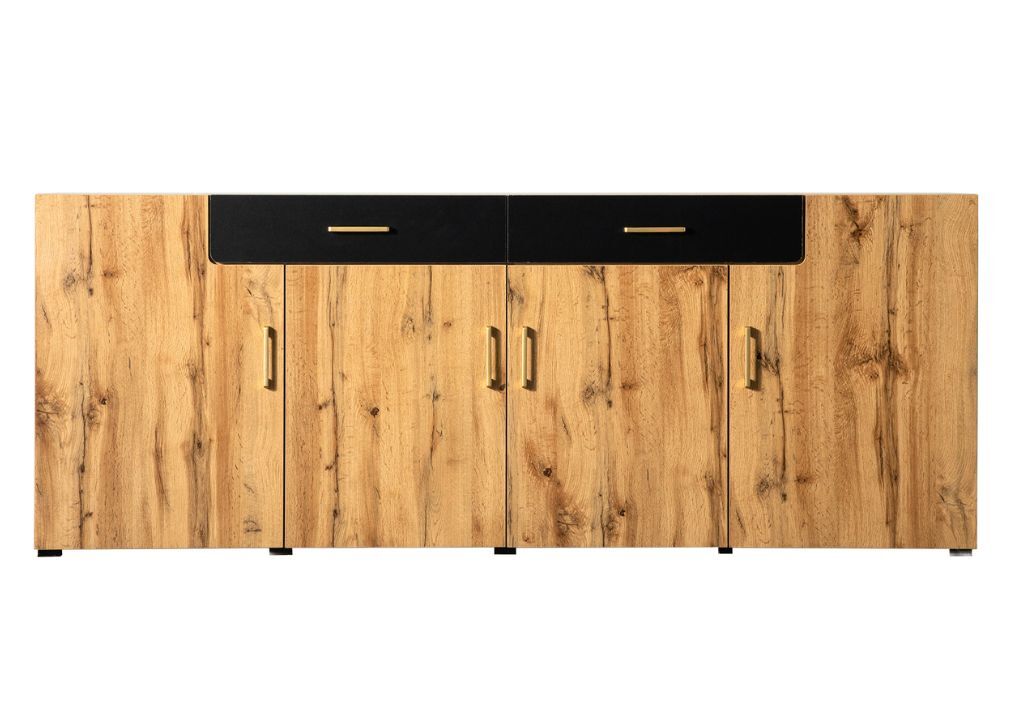 Aparador efecto madera y negro con 4 puertas y 2 cajones, tiradores dorados, 208 x 39,5 x 80 cm