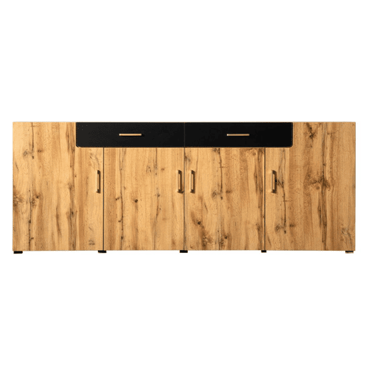 Aparador efeito madeira e preto com 4 portas e 2 gavetas, puxadores dourados, 208 x 39,5 x 80 cm