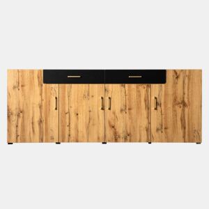 Aparador efeito madeira e preto com 4 portas e 2 gavetas, puxadores dourados, 208 x 39,5 x 80 cm