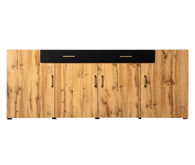 Aparador efecto madera y negro con 4 puertas y 2 cajones, tiradores dorados, 208 x 39,5 x 80 cm