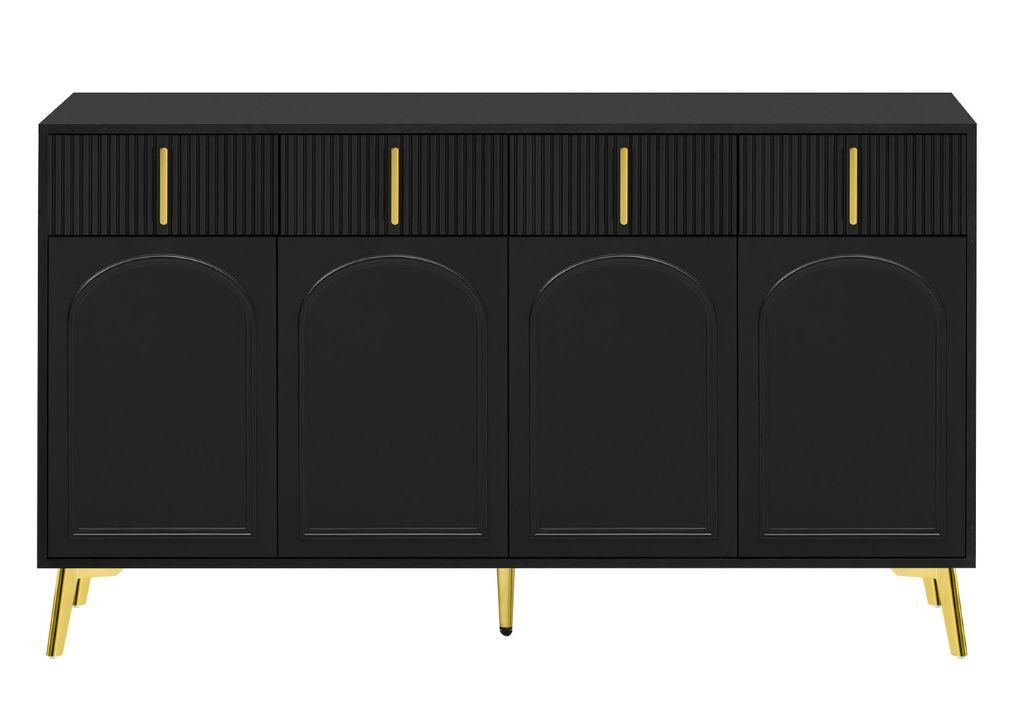 Aparador negro de 4 puertas y 4 cajones con tiradores y patas dorados 140*37,8*82cm