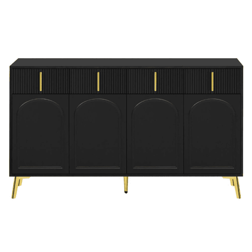 Aparador preto com 4 portas e 4 gavetas com puxadores e pés dourados 140*37,8*82cm
