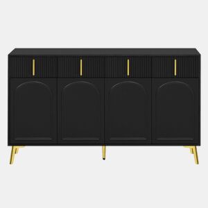 Aparador preto com 4 portas e 4 gavetas com puxadores e pés dourados 140*37,8*82cm