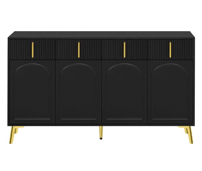 Aparador negro de 4 puertas y 4 cajones con tiradores y patas dorados 140*37,8*82cm