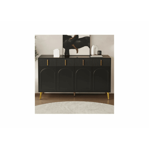 Aparador preto com 4 portas e 4 gavetas com puxadores e pés dourados 140*37,8*82cm