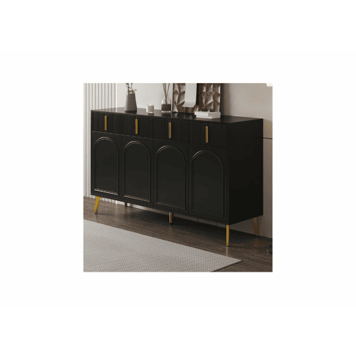 Aparador preto com 4 portas e 4 gavetas com puxadores e pés dourados 140*37,8*82cm