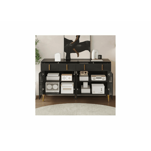 Aparador preto com 4 portas e 4 gavetas com puxadores e pés dourados 140*37,8*82cm