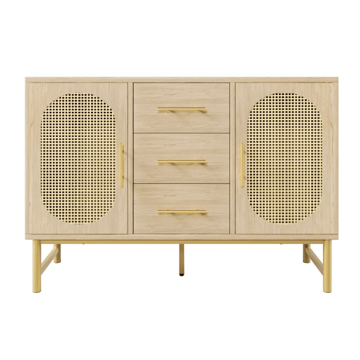 Aparador em verga com efeito madeira de carvalho com 3 gavetas e 2 portas 120x40x74cm