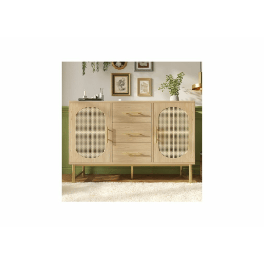 Aparador em verga com efeito madeira de carvalho com 3 gavetas e 2 portas 120x40x74cm