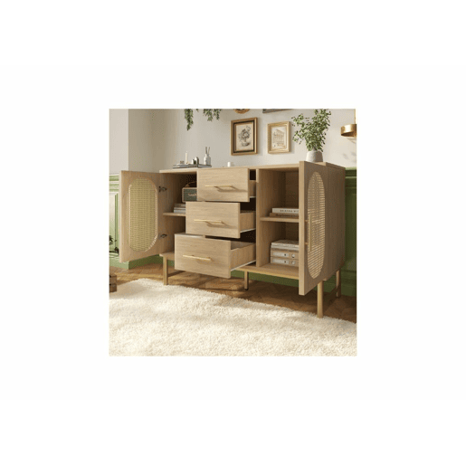 Aparador em verga com efeito madeira de carvalho com 3 gavetas e 2 portas 120x40x74cm