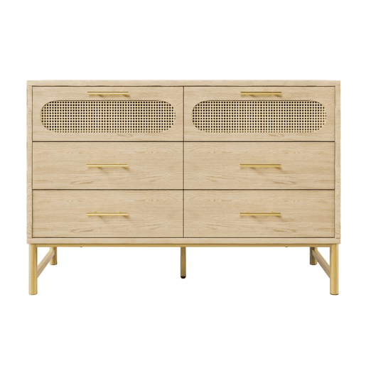 Aparador efeito madeira carvalho em rattan com 6 gavetas e puxadores dourados 120x40x74cm