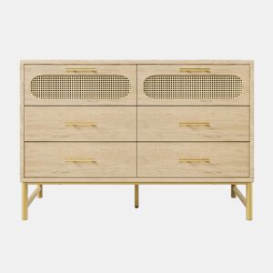 Aparador efeito madeira carvalho em rattan com 6 gavetas e puxadores dourados 120x40x74cm