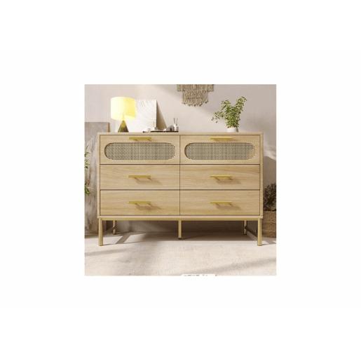 Aparador efeito madeira carvalho em rattan com 6 gavetas e puxadores dourados 120x40x74cm