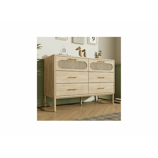 Aparador efeito madeira carvalho em rattan com 6 gavetas e puxadores dourados 120x40x74cm