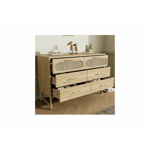 Aparador efeito madeira carvalho em rattan com 6 gavetas e puxadores dourados 120x40x74cm