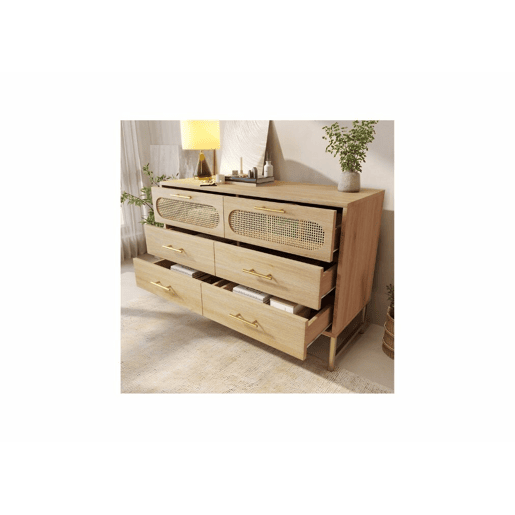 Aparador efeito madeira carvalho em rattan com 6 gavetas e puxadores dourados 120x40x74cm