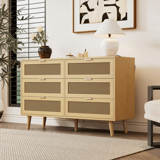Aparador com efeito madeira e rattan com 6 gavetas C120A76,5P40 cm