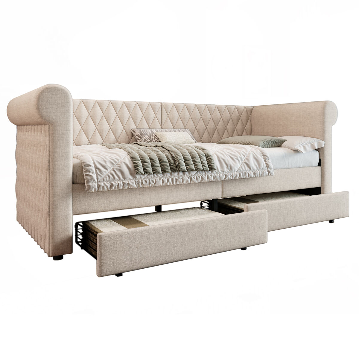 Cama individual de lino 90x200cm con 2 cajones,beige