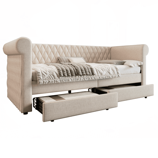 Cama de solteiro de linho 90x200cm com 2 gavetas,bege